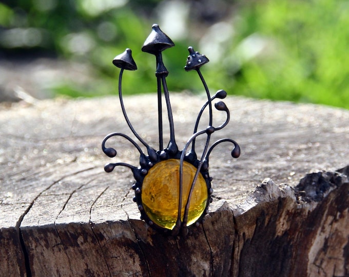 Hand Sculpted Copper Mushroom Brooch: Boho Psytrance Jewelry