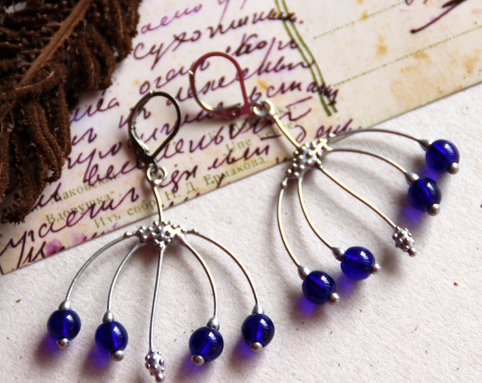 Handmade unusual silver metal boho earrings with blue glass, forest fairy earrings, boho style earrings, hippie girl earrings, witchcraft
