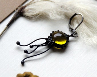 Stained Glass Jellyfish Mono Earring: Black & Yellow Ocean Jewelry