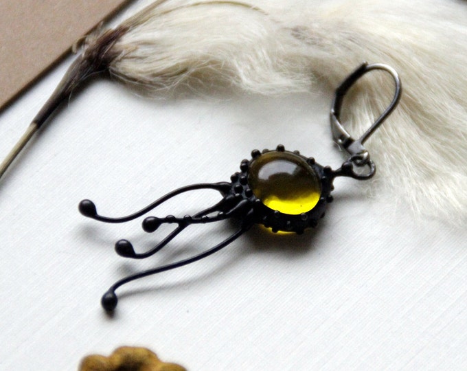Ocean creatures black jellyfish octopus single one monoearring with yellow glass, unusual ocean jewellery, unique stained glass jewelry.