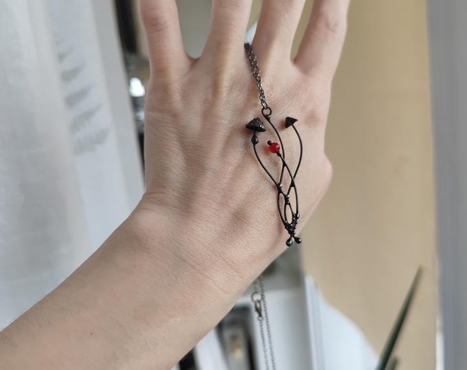 Mushroom Necklace with Red Bead, Blackened Copper and Pewter Botanical Pendant, Sculptural Forest Wearable Art
