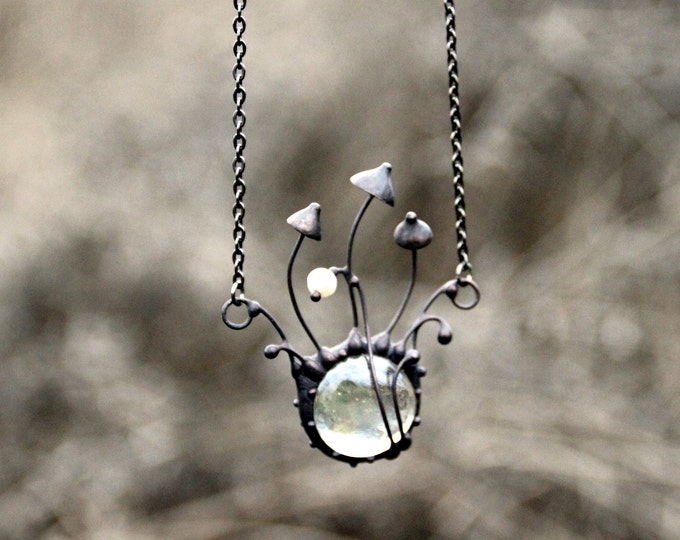 Clear Glass Pearl Mushroom Necklace, Blackened Copper Forest Centerpiece, Psychedelic Wearable Art
