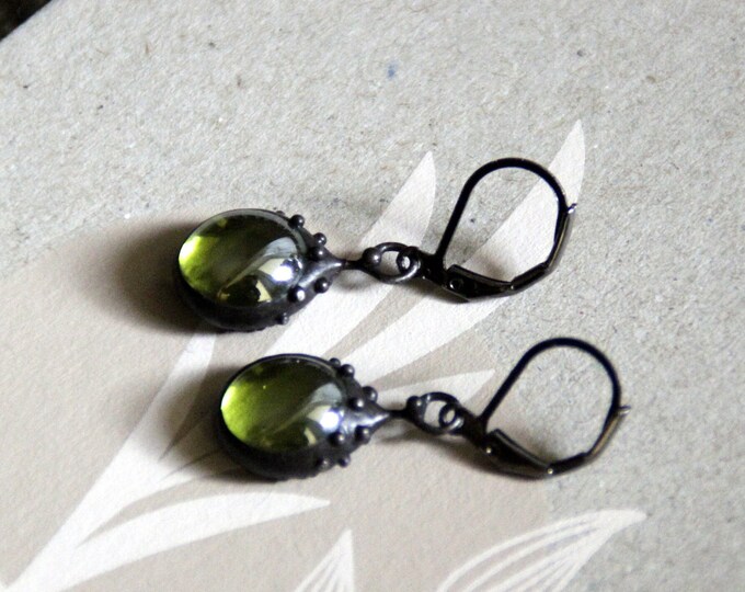 Stained glass handmade earrings with green glass, simple geometry boho earrings, suncatcher unique glass jewelry, author's hippie jewelry.