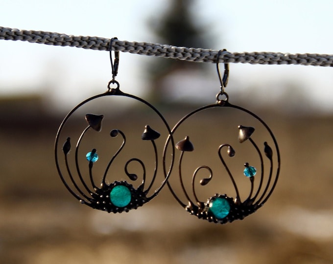 Mushroom Hoop Earrings: Patina Copper Boho Jewelry