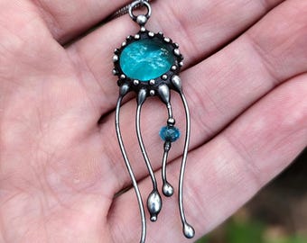 Black Silver Jellyfish Necklace: Blue Glass Ocean Pendant