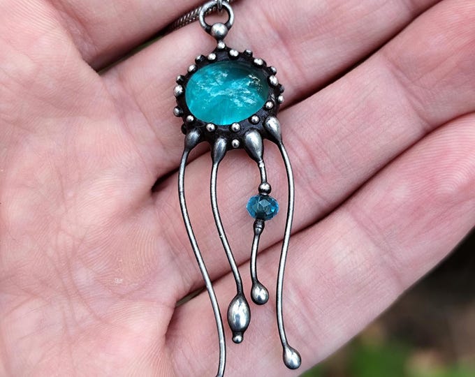 Black Silver Jellyfish Necklace: Blue Glass Ocean Pendant