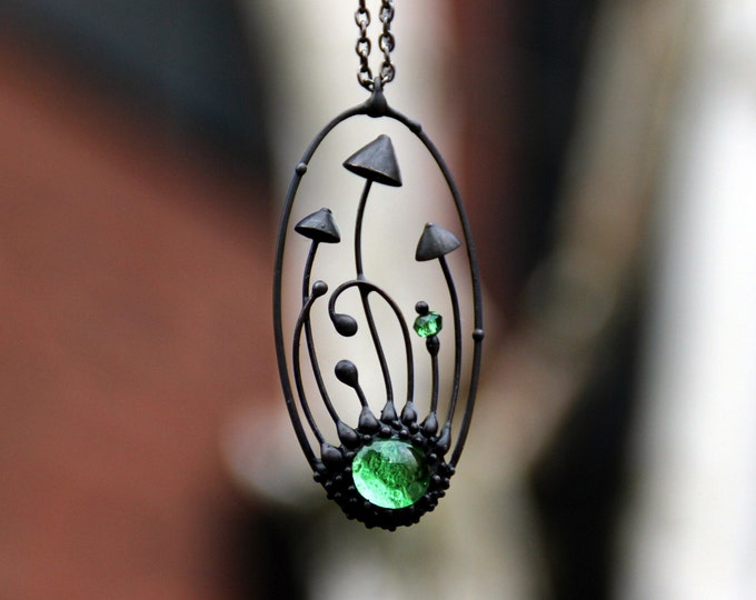Handmade Mushroom Pendant Necklace: Green Glass Fungi Jewelry