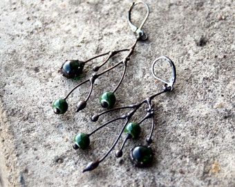 Asymmetrical forest earrings with green ceramic inlays and green glass, tree branch earrings, aymmetrical jewelry.