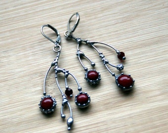 Asymmetrical Forest Branch Earrings: Red Glass, Pewter, Copper