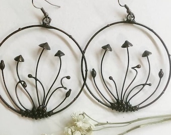 Psychedelic hoops magic mushrooms earrings inspired by wild forest, handcrafted metal fungi hoops earrings, unusual woodland design jewelry