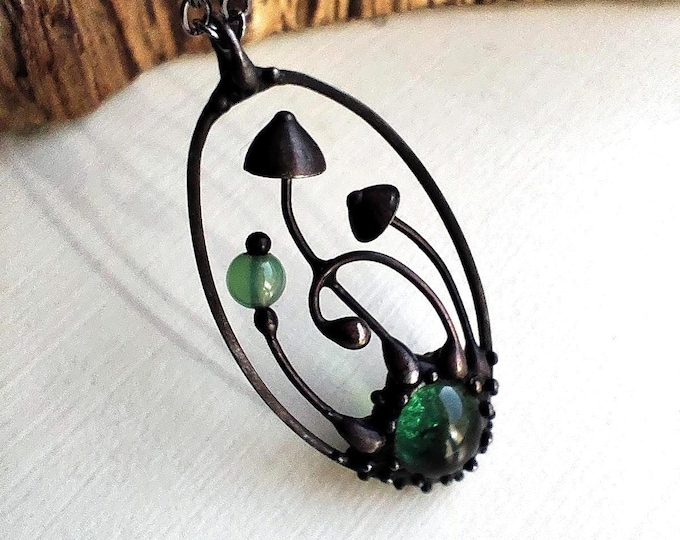 Handcrafted Mushroom Pendant: Copper, Glass, Steel, Boho Minimalist Necklace