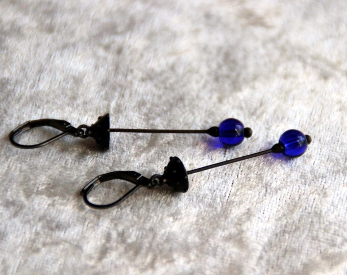 Amanita handmade metal mushrooms earrings with blue glass, forest boho witch earrings, woodland fly agaric unique nature gift.