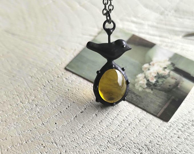 Black Stained Glass Bird Pendant Necklace, Handcrafted Copper and Pewter Nature Jewelry