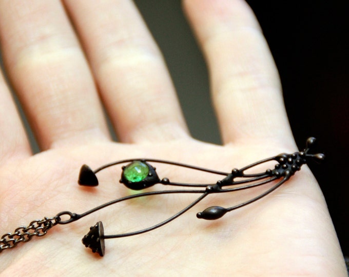 Forest mushrooms stained glass small pendant, aesthetic boho amanita fly trap witch necklace with green glass, unusual forest lovers gift.