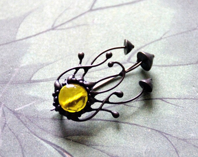 Handmade Psychedelic Magic Mushrooms Brooch with Yellow Glass - Good Witch Jewelry - Stained Glass Fungi Boho Brooch