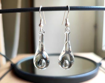 Handblown Clear Glass Teardrop Earrings with Loop Detail, Minimalist Dangle Jewelry