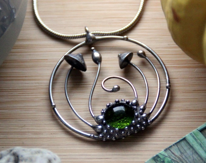 Stained glass forest magic mushrooms round pendant necklace with green glass botanical forest necklace handmade psychedelic nature gift.