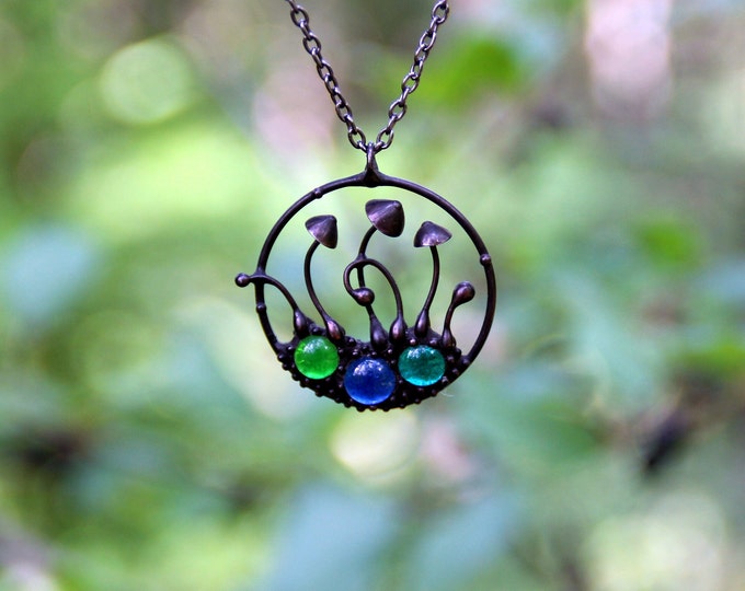 Black Mushroom Pendant Necklace: Stained Glass Fungi, Boho Hippie Jewelry