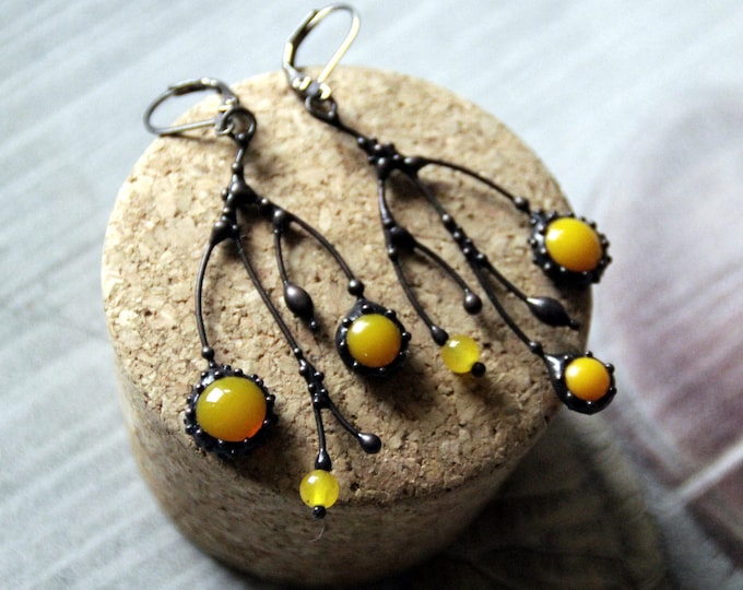Unusual boho hippie asymmetric forest tree branch earrings with yellow stained glass, aesthetic floral botanical jewelry witch earrings.
