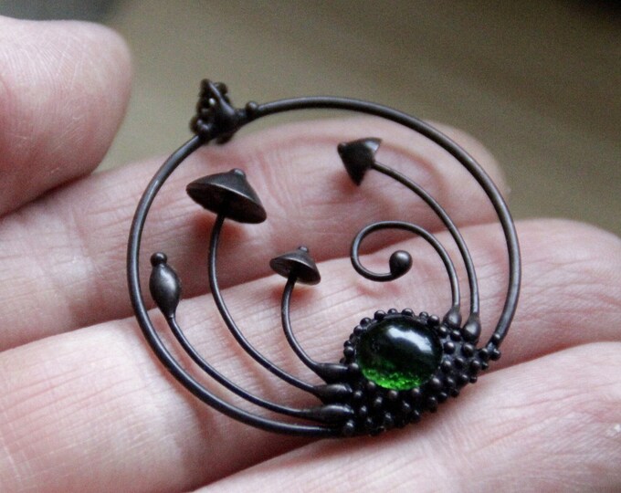 Stained glass magic mushrooms forest hoop statement pendant necklace with green glass, boho botanical handmade psychedelic nature gift.