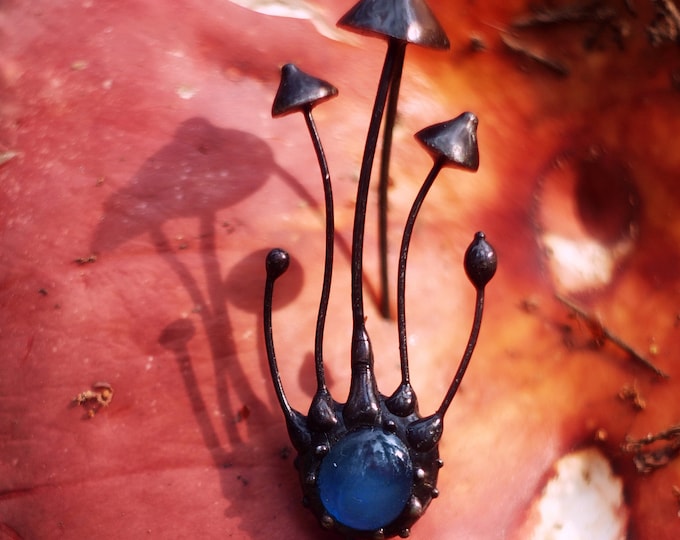 Handmade Psychedelic Mushroom Brooch with Blue Glass - Wiccan Jewelry