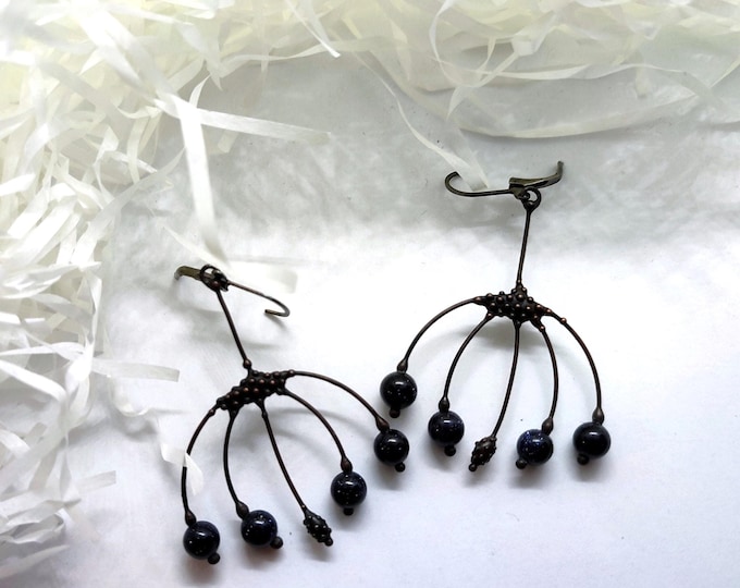 Handmade Aventurine Floral Earrings: Black Patina Copper Boho Jewelry