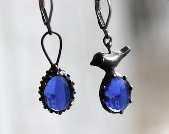 Asymmetrical Bird Drop Earrings: Handmade Copper Boho Jewelry