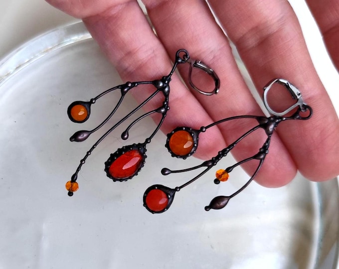 Orange Glass Asymmetrical Branch Earrings, Blackened Copper and Pewter Botanical Wearable Art