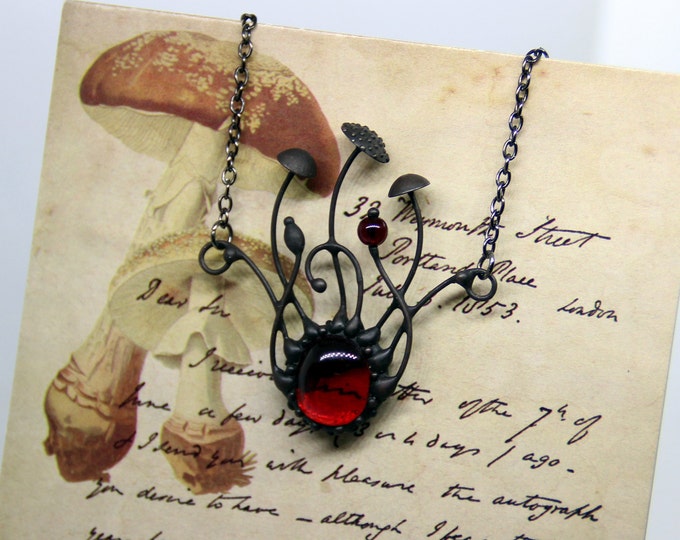 Fly Agaric Mushroom Pendant: Red Glass, Black Metal, Witchy Necklace