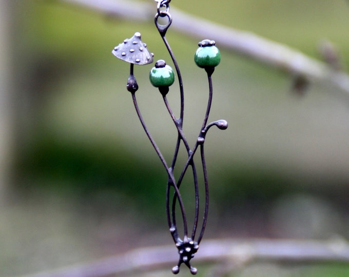 Mushroom Amanita boho hippie small metal pendant with green ceramic, forest witch jewelry, fairy nature small pendant, psychedelic style.
