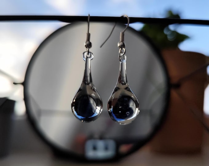 Handblown blue clear glass dangle teardrop minimalist earrings, simple unique design modern hippie jewelry.
