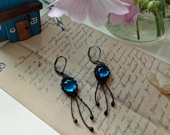Mystical ocean creatures stained glass jellyfish earrings with blue glass, octopus art nouveau earrings, handmade inspired by ocean.