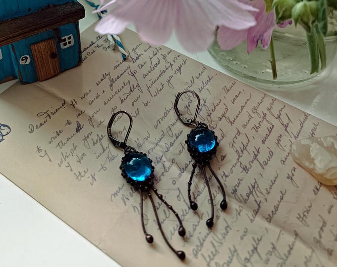 Mystical ocean creatures stained glass jellyfish earrings with blue agate stone, octopus art nouveau earrings, handmade inspired by ocean.