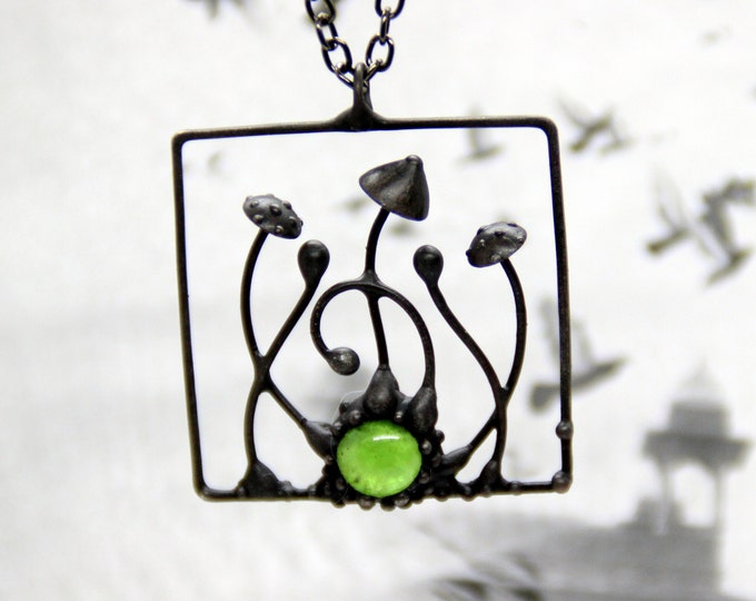 Forest festival handcrafted metal amanita magic mushrooms necklace with green glass, witchy foreststyle clothing, unusual nature lover gift