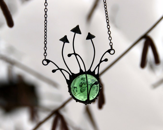 Handmade metal forest mushrooms necklace with green glass, hippie pendant, witch necklace, witch jewelry, forest gift, psychedelic necklace