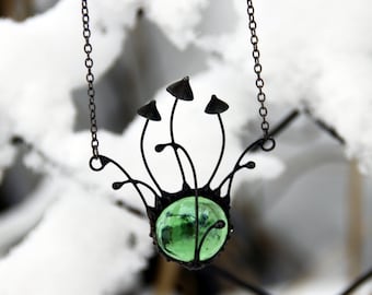 Handmade Forest Mushroom Necklace: Green Glass Witch Pendant