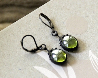 Stained glass handmade earrings with green glass, simple geometry boho earrings, suncatcher unique glass jewelry, author's hippie jewelry.