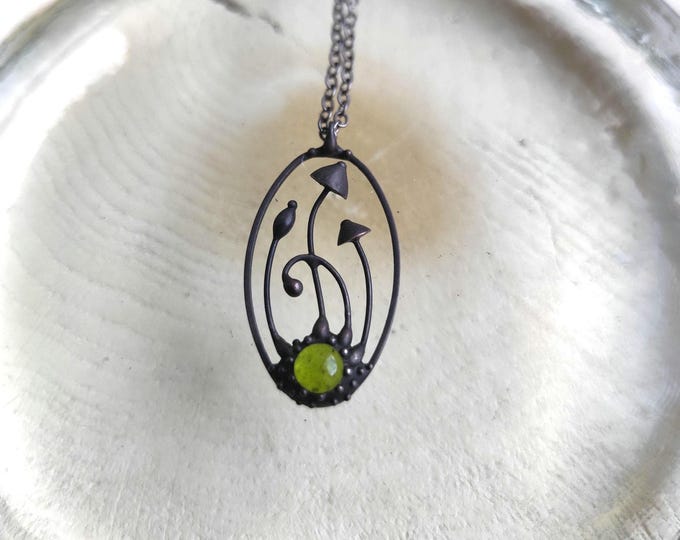 Green Glass Mushroom Necklace, Blackened Copper Oval Forest Pendant, Magic Mushroom Wearable Art