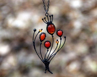 Stained glass wildflowers red poppy necklace, floral botanical boho flowers pendant, unique nature gift for woman, witchy fashion clothing.