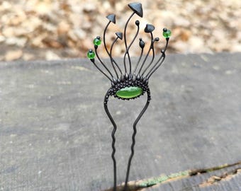 Forest toadstools mushrooms metal hairpin, forest rave hair pin, witchy vibes cottagecore jewelry, aesthetic boho design wild nature gift.
