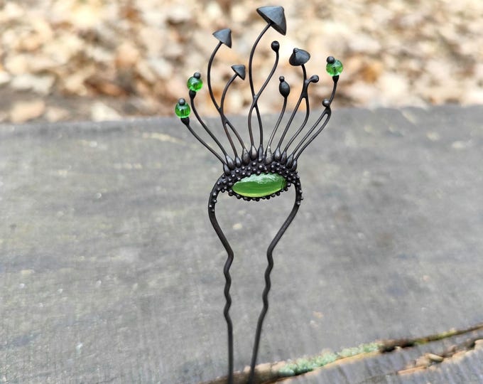 Forest toadstools mushrooms metal hairpin, forest rave hair pin, witchy vibes cottagecore jewelry, aesthetic boho design wild nature gift.