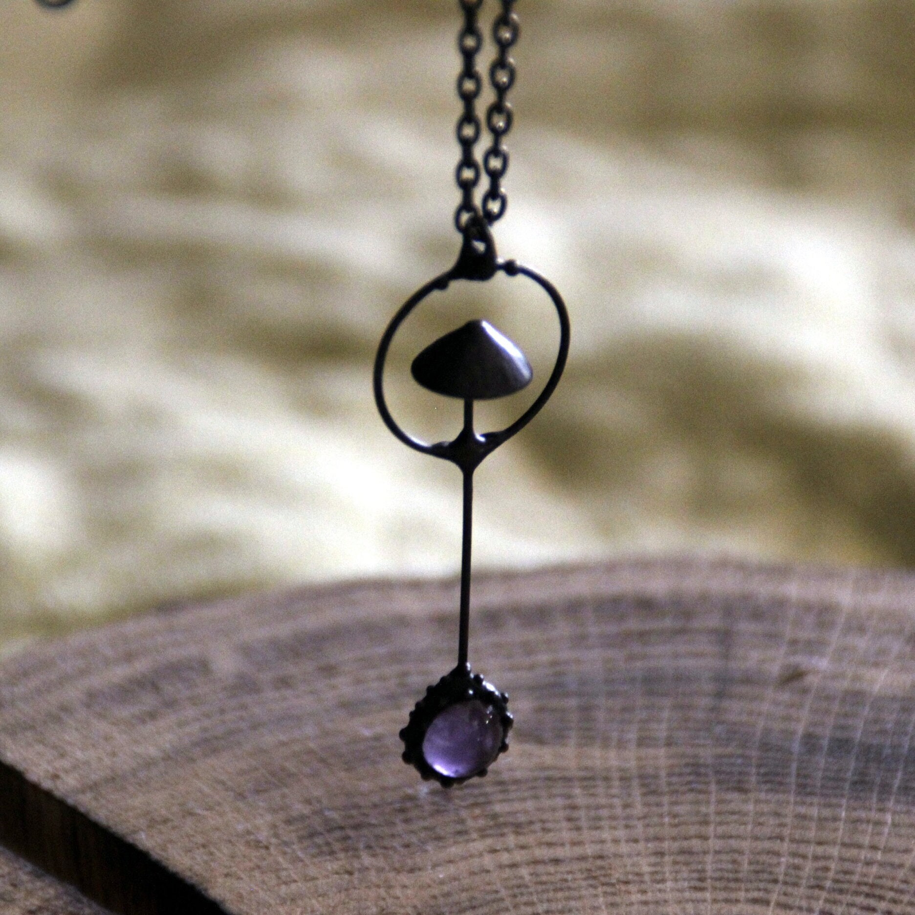 Witchcraft aesthetic magic mushroom small metal forest pendant inspired by woodland, boho hippie fungi necklace, weird mushroom necklace.