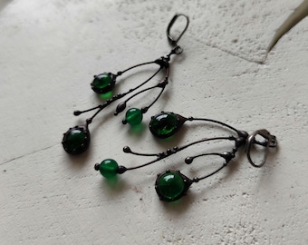Asymmetric Tree Branch Earrings: Green Glass Floral Boho Earrings