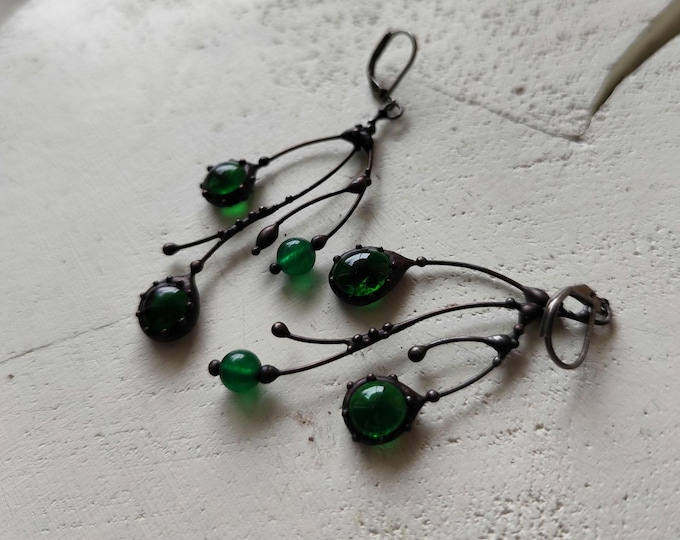 Asymmetric Tree Branch Earrings: Green Glass Floral Boho Earrings