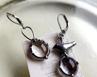 Asymmetrical Silver Bird Metal Earrings: Handcrafted Clear Glass Boho Jewelry