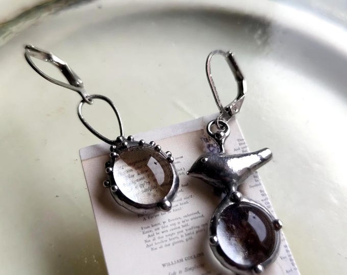Asymmetrical Silver Bird Metal Earrings: Handcrafted Clear Glass Boho Jewelry