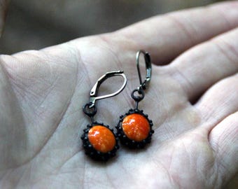 Orange stained glass earrings, unique boho hippie earrings, unusual author style statement sunny earrings, gift for her simple form earrings