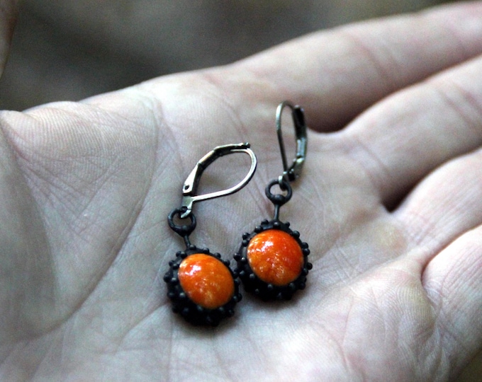 Orange stained glass earrings, unique boho hippie earrings, unusual author style statement sunny earrings, gift for her simple form earrings