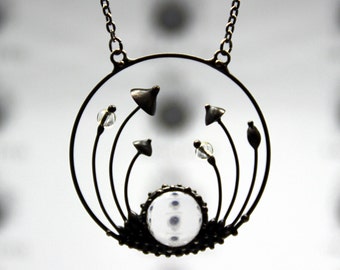 Handmade Forest Mushroom Pendant Necklace: Copper, Steel & Glass Detail