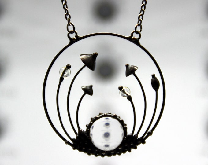 Handmade Forest Mushroom Metal Necklace - Witchy Hippie Fungi Pendant with Glass Detail Copper Wire Jewelry Unique Circle Pendant